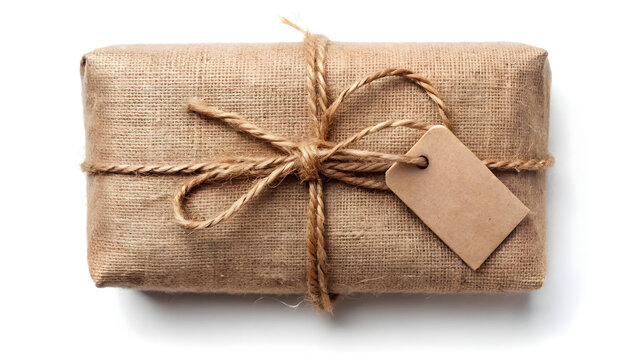 Rectangular package wrapped in burlap tied with twine and a blank tag gift present