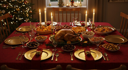 Christmas table set with a red tablecloth, lit candles, golden plates, and roasted turkey in the center