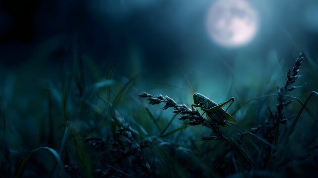Moonlit night with chirping crickets on dewy grass