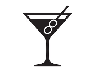 martini glass with olives, icon minimal cocktail symbol for menu, bar signage, or drink app interface. Vector black silhouette. with white background