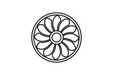 A black and white line drawing of a flower in a circular frame silhouette