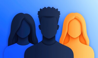 Three diverse, silhouetted figures with layered papercut effects stand shoulder to shoulder against a gradient blue background.
