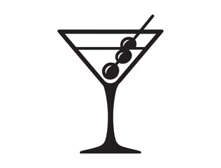 martini glass with olives, icon minimal cocktail symbol for menu, bar signage, or drink app interface. Vector black silhouette. with white background