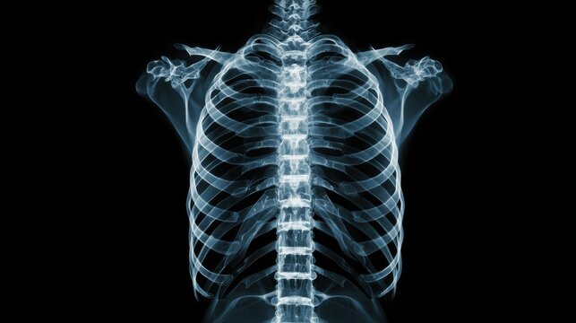 High-quality photo of x-ray of a human ribcage and spine, highlighting bone structure and alignment.