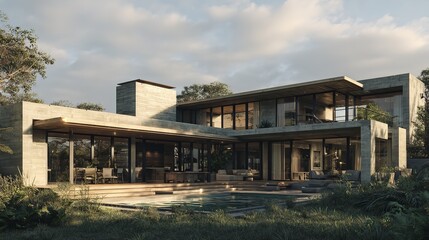 Modern home blends with nature in tranquil setting under a cloudy sky on transparent background