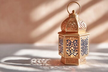 Ornamental copper lantern casting beautiful shadows on a white tablecloth