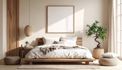 Serene Japandi style bedroom interior with a wooden bed, bonsai tree, and a blank mockup frame on the beige wall