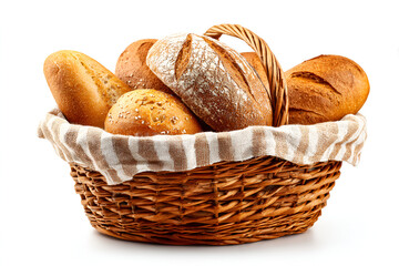 A wicker basket filled with various loaves and rolls of freshly baked bread sits on a white background