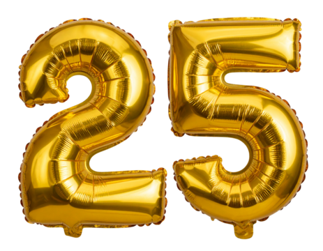 Golden Number 25 Mylar Balloons Floating Upright, Transparent Background