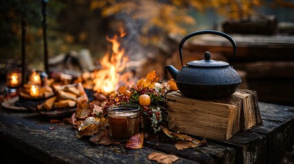 Firewood and tea kettle beside an autumn feast by candlelight