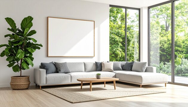 Fototapeta Sunlit modern living room interior featuring a blank frame for mockup, a large sofa, and windows with a view of a lush garden.
