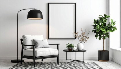 Modern Minimalist Living Room Interior Design with Armchair and Artwork