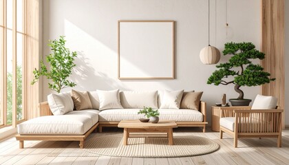Serene Zen Living Minimalist Japanese Interior with Bonsai and Natural Light