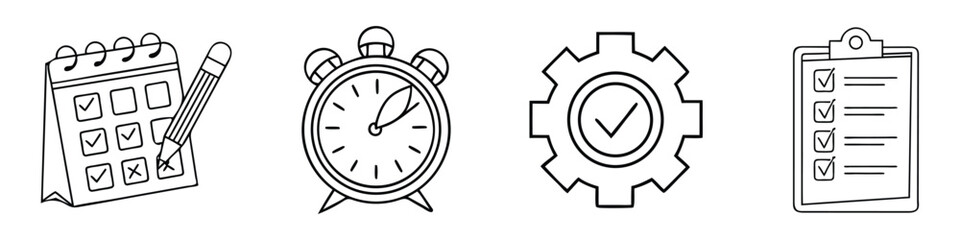 Black and white outline icons of a calendar with pencil a clock a gear and a checklist vector