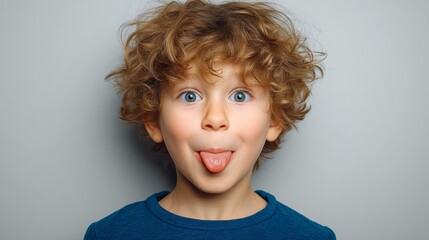 Young boy with curly hair and blue shirt is sticking his tongue out. The boy has a big smile on his face, and his eyes are wide open. Concept of playfulness and joy
