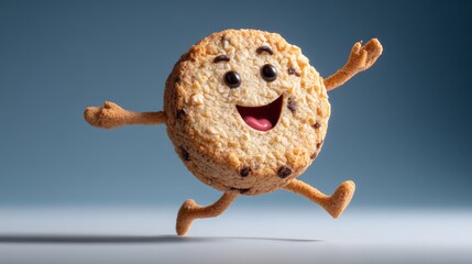 Cookie character is jumping in the air with a big smile on his face. The cookie is made of chocolate chips and is a fun and playful design