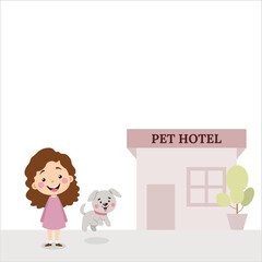 Girl with pet came to hotel for animals, flat style, minimalism, isolated on white, pastel colors