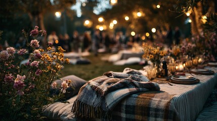 Moody scene of a twilight garden party with warm lights, plaid throws, and late summer blooms