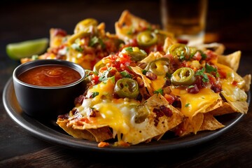 Plate of crispy nachos topped with melted cheese and jalapeños, served with a side of spicy salsa sauce. Concept of Mexican cuisine, snack food, and casual dining.