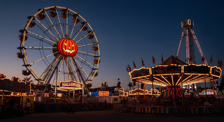 A halloween carnival illuminated at dusk with a pumpkin ferris wheel and a carousel ride in the evening