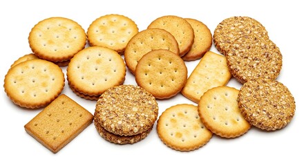 Assortment of Golden Brown Round and Square Savory Baked Crackers with Seeds Isolated on White Background for Snack Time