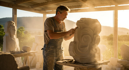 Sculptor carving stone in an open studio, dust floating in sunlight