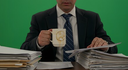 Overworked businessman at a messy desk with stacks of paperwork, holding a stained coffee mug while reviewing documents in front of a green screen