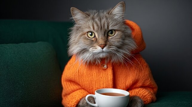 Cat is sitting on a couch with a cup of tea in its lap. The cat is wearing an orange sweater and he is enjoying a warm beverage