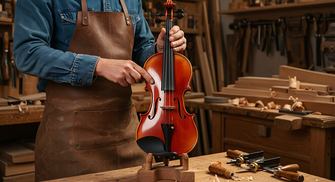 Luthier tuning a newly built violin in a wooden workshop - Powered by Adobe