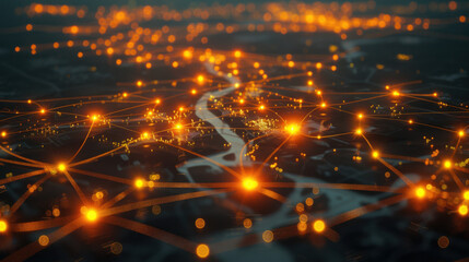 Aerial view of an interconnected network with glowing nodes over a cityscape at night time
