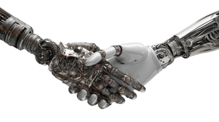 AI robot hand shaking human hand, hyper-realistic, white background