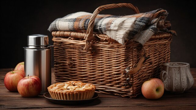 Wicker picnic basket with apple tart, tea thermos, and warm cloth