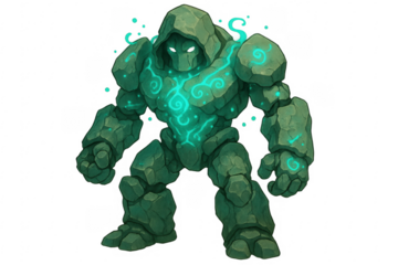 Strong stone golem character standing with glowing runes, transparent background