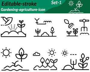 Gardening-agriculture icon characterized by tools like shovel, rake, watering can, plants and crops symbolizing farming cultivation and sustainability. Represents activities like planting, harvesting.