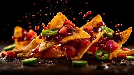 Food levitation. Plate of crispy nachos topped with melted cheese and jalapeños, served with a side of spicy salsa sauce. Concept of Mexican cuisine, snack food, and casual dining.