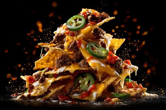 Food levitation. Plate of crispy nachos topped with melted cheese and jalape&ntilde;os, served with a side of spicy salsa sauce. Concept of Mexican cuisine, snack food, and casual dining.