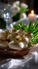 Mushrooms garnished with herbs in a decorative basket on a table set for an elegant dinner
