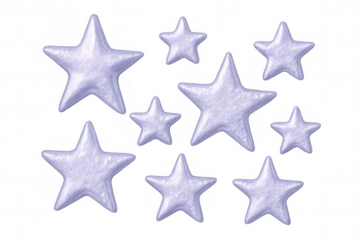 Nine purple clay stars of different sizes floating on a transparent background, perfect for creative projects