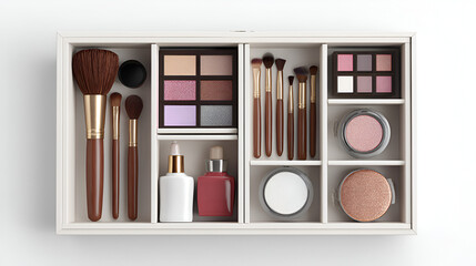 Organized makeup box with brushes palettes and skincare