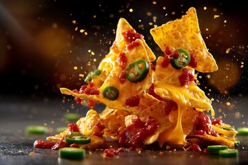 Food levitation. Plate of crispy nachos topped with melted cheese and jalapeños, served with a side of spicy salsa sauce. Concept of Mexican cuisine, snack food, and casual dining.