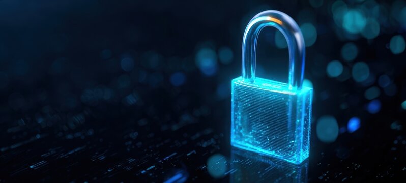 [The Padlock Hologram Representing Cybersecurity and Digital Data Protection on Circuit Board]