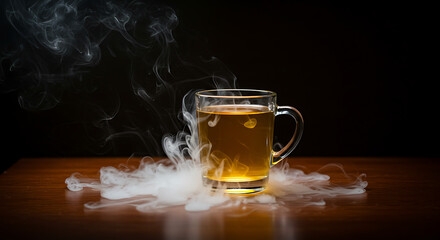 Glass cup with golden drink, internal light glowing and white smoke spreading across the table