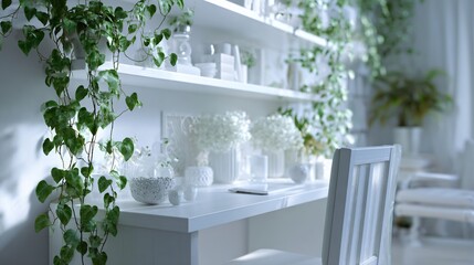 Bright and airy work nook with white decor and ivy trailing down shelves