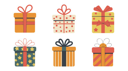 Six assorted cartoon gift boxes with ribbons and patterns presents celebration