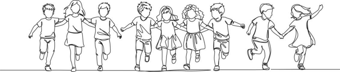 continuous single line drawing of group of children joyfully running around together, line art vector illustration