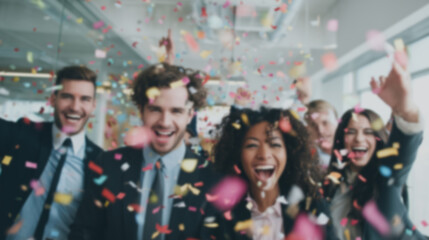 Blurred background of people in business suits celebrating in an office, throwing confetti and holding party streamers. Concept of corporate celebration, team success, and joyful workplace moments.