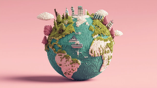 pixel art globe with environmental elements on pink background