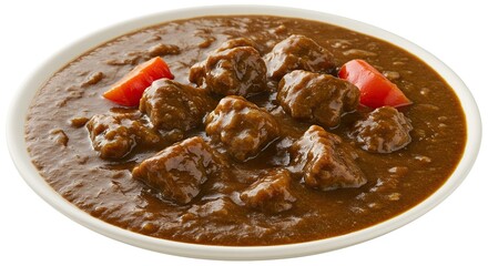 Delicious Hearty Beef Stew with Tomatoes Isolated on White Background
