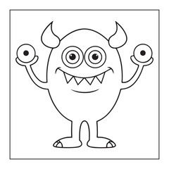 Outline drawing of a friendly cartoon monster with horns and sharp teeth halloween creature