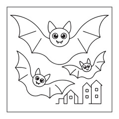 Outline drawing of three flying bats and stylized houses halloween